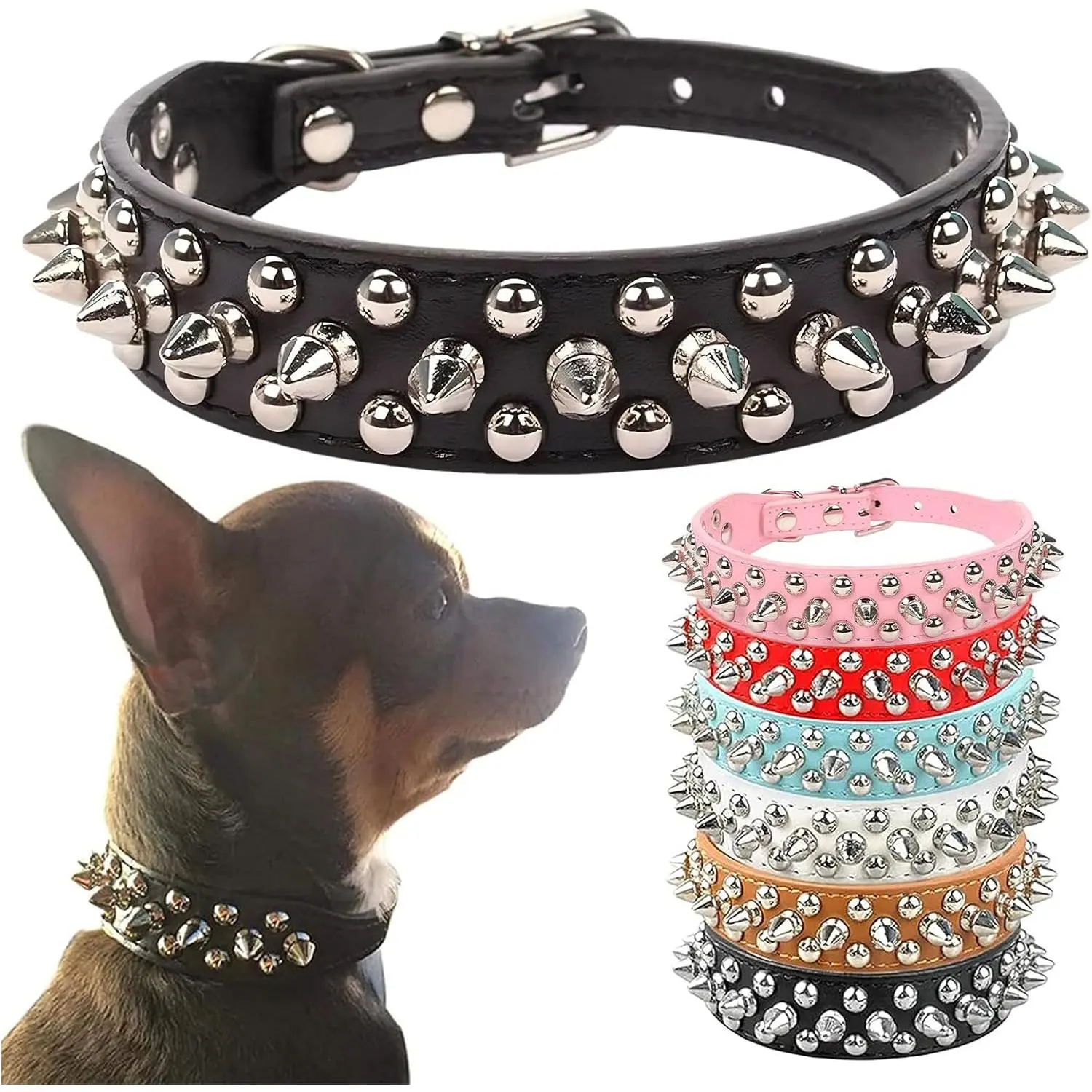 Black Soft PU Leather Spiked Dog Collar with Mushroom Rivet Studs, Adjustable Stylish Pet Collar for Small Medium Large Dogs & Cats