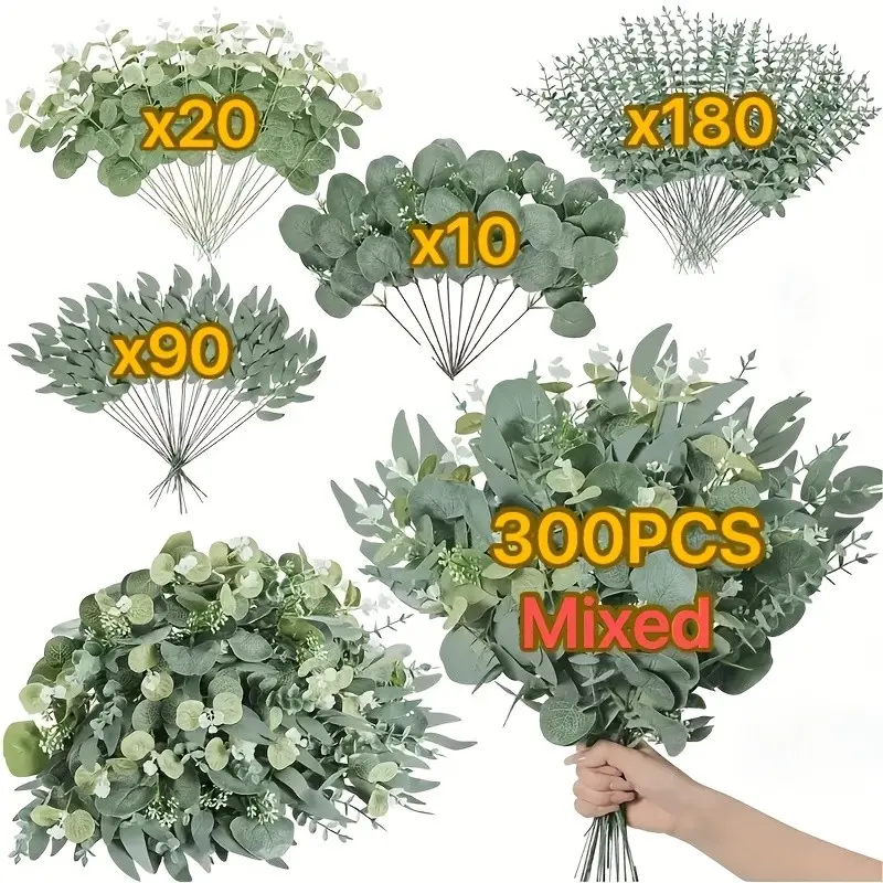 300 Pcs Mixed Artificial Eucalyptus Stems, Babys Breath Artificial Flowers Bulk, Fake Greenery Stems for Wedding DIY Bouquets, Home Decor