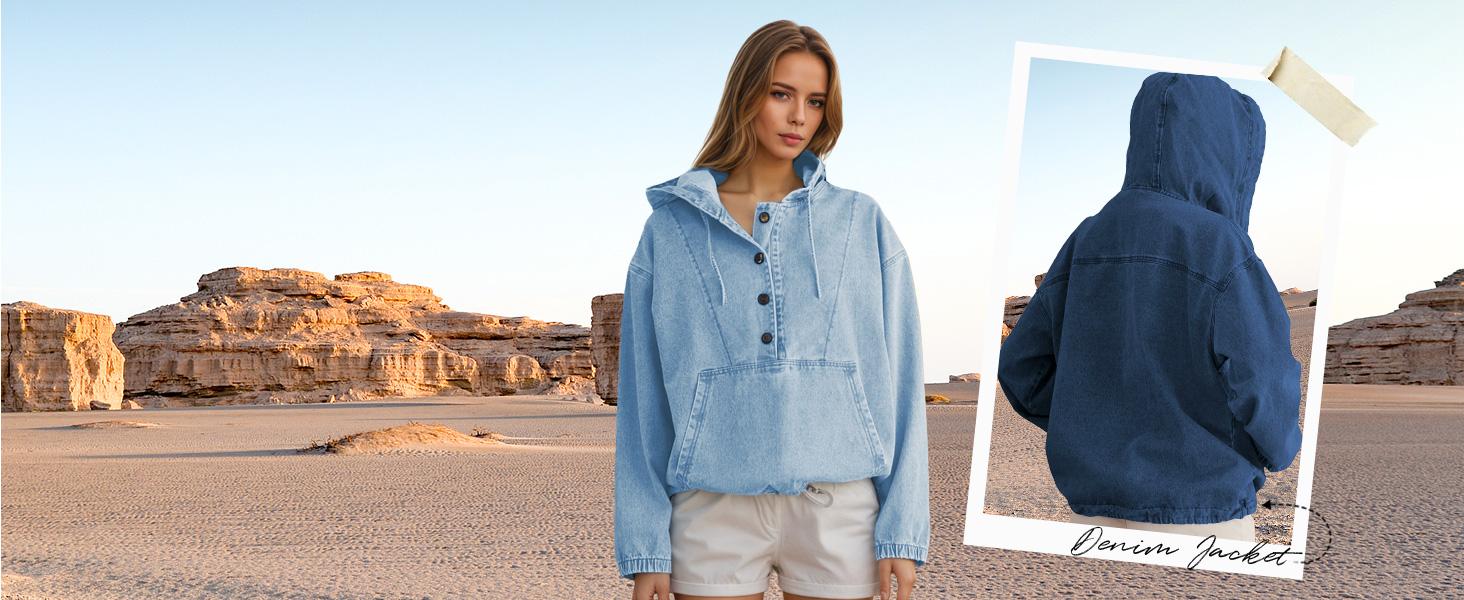 2026 Women's Half Zip Denim Hoodie Pullover Jackets Jean Tops