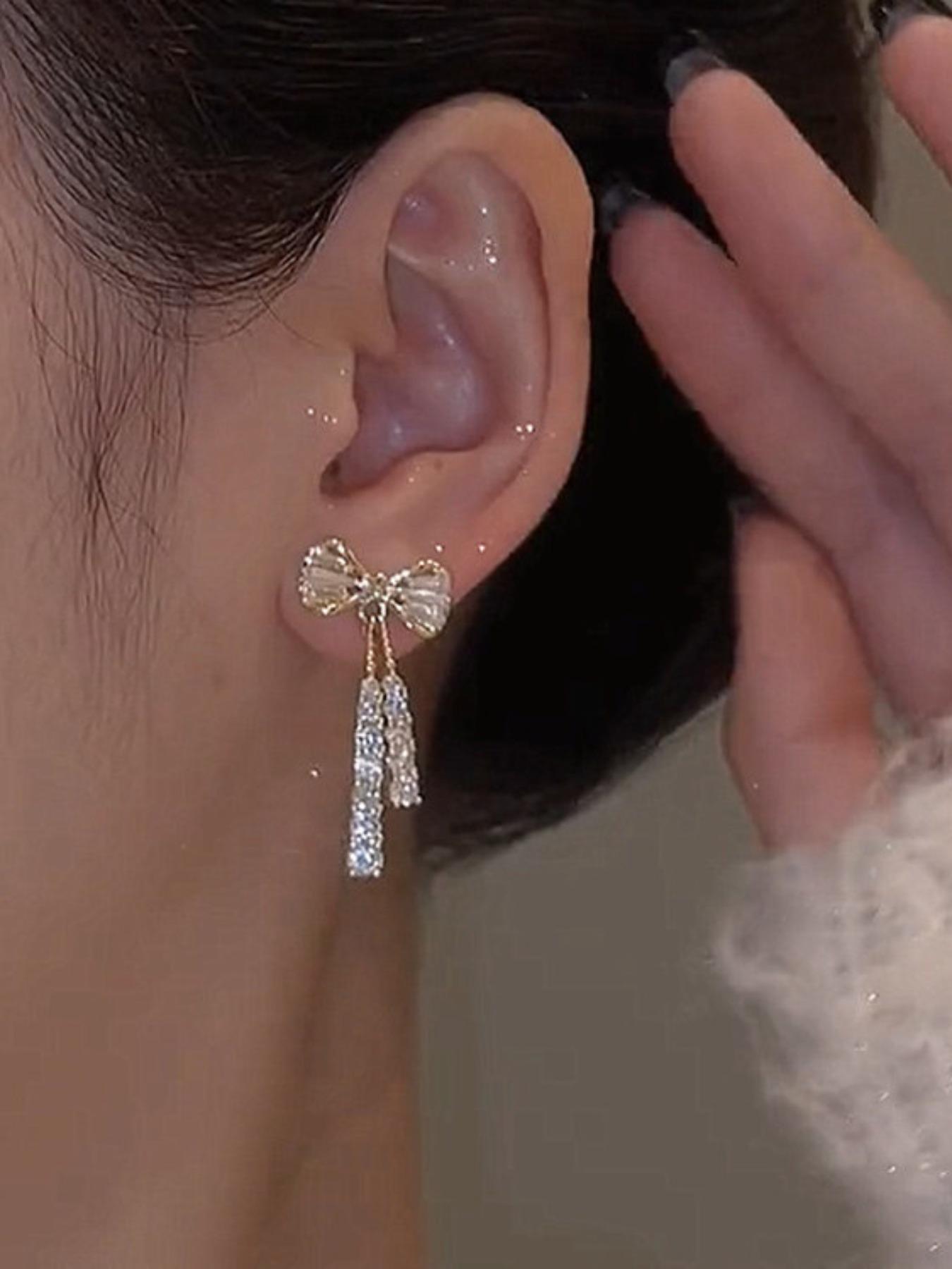 Bow Decor Dangle Earrings, High Quality Earrings, Elegant Rhinestone Decor Drop Earrings for Women, Fashion Jewelry for Party, Daily Birthday Gift