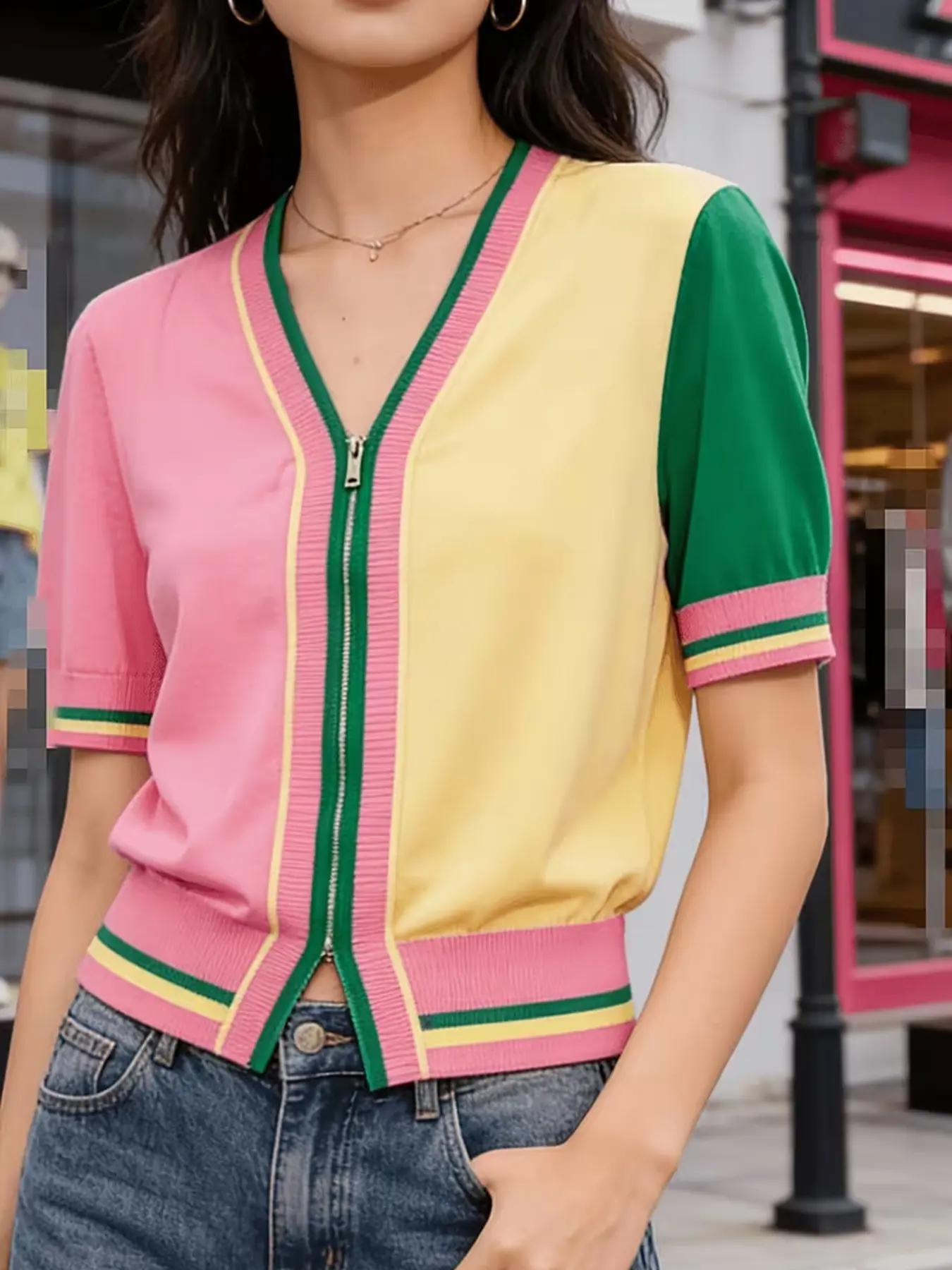 Women's Colorblock Knit Top, Breathable V-Neck Short Sleeve, Fashionable Summer Design, Casual Loose Fit, Stylish Pullover for Everyday Wear, Knitwear, Womenswear