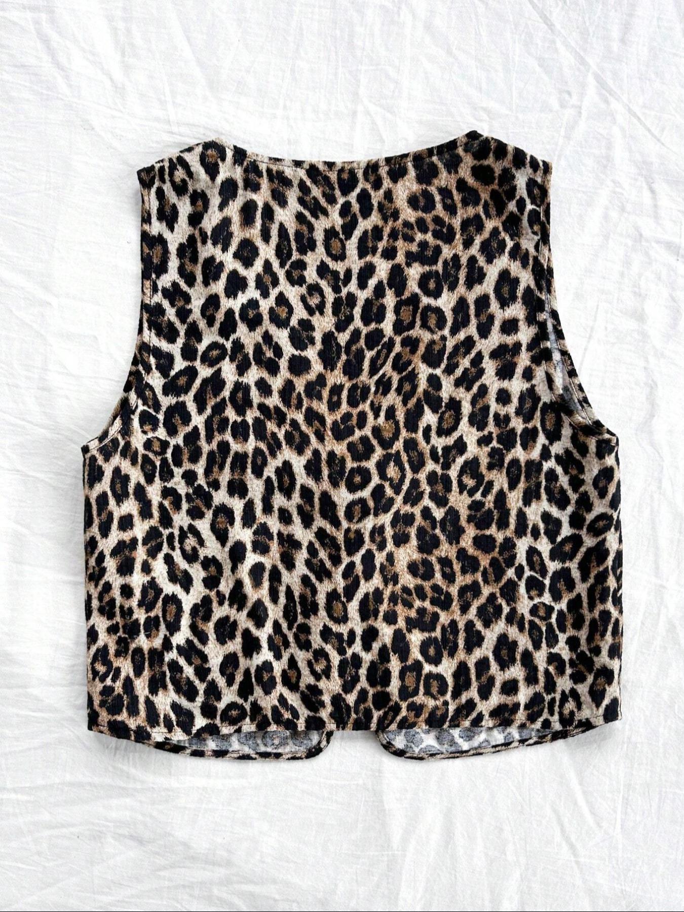 Women's All Over Print Leopard Tie Front Fitted Tank Top, Casual Sleeveless V Neck Top for Summer, Ladies Clothes for Daily Wear