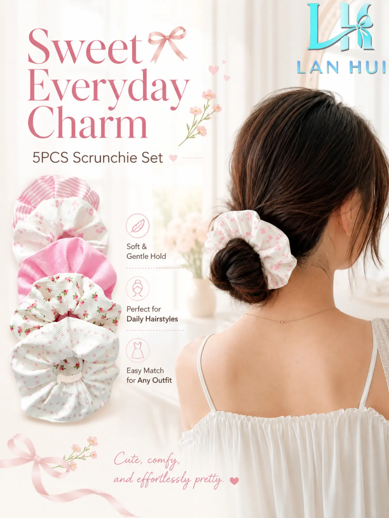 5 Pcs Sweet Pink Floral Scrunchies Set, Soft Striped Heart Print Fabric Hair Scrunchies, Gentle Elastic Hair Bands, Cute Hair Accessories Gift for Women Girls Daily Hairstyle