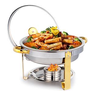 ROVSUN 5QT 2/4 Packs Chafing Dish Buffet Set Gold Accent, NSF Round Stainless Steel Buffet Warmer Chafers and Buffet Warmers Sets with Glass Lid & Lid Holder for Catering Events Parties Weddings Dinners