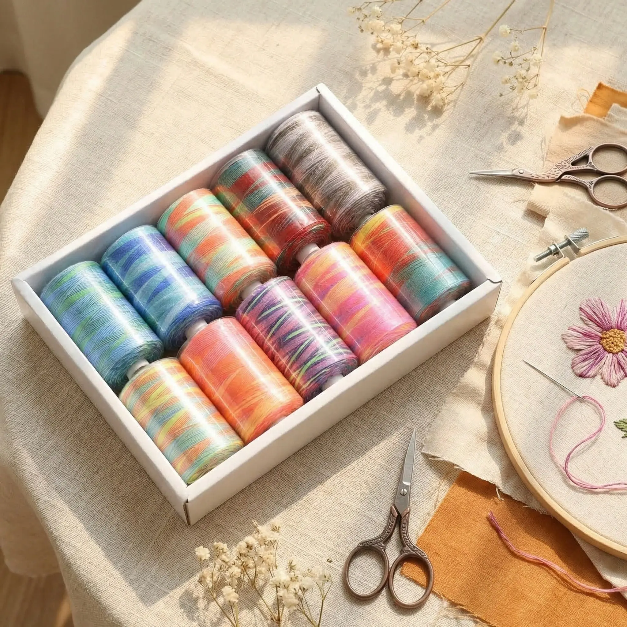 10 Rolls Gradient Dye Sewing Thread Set, Rainbow Multicolor Polyester Embroidery Thread, Handmade Cross Stitch Sewing Machine Thread, DIY Craft Supplies
