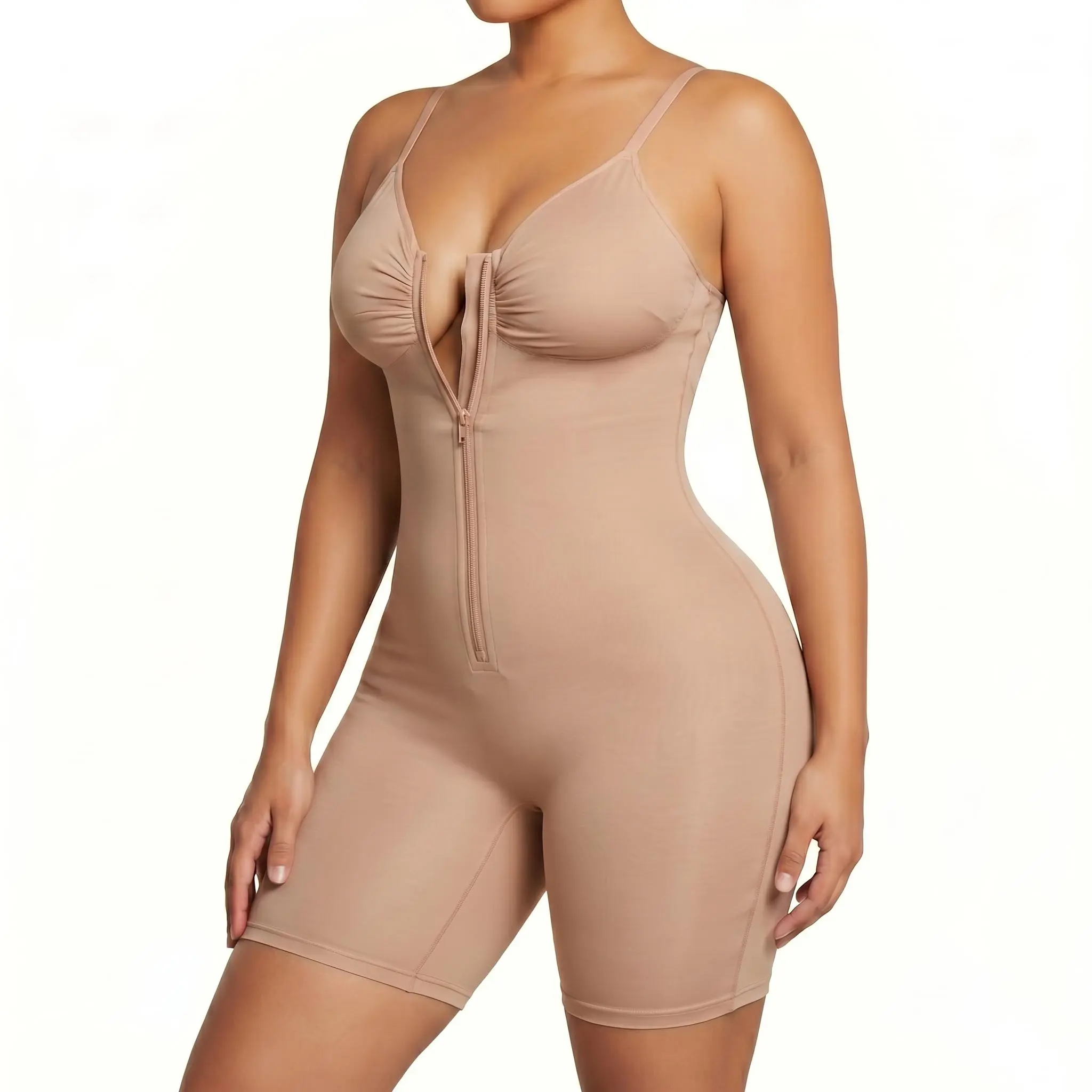 Women's Chic V-Neck Seamless Mid-Thigh Shapewear Bodysuit - Nylon Blend Spandex Fabric, Light Tummy Control, Zipper Closure, Reinforced Inner Hooks, Supported Shoulders, Skin-Friendly, Body Contouring for Office, Casual Fashion