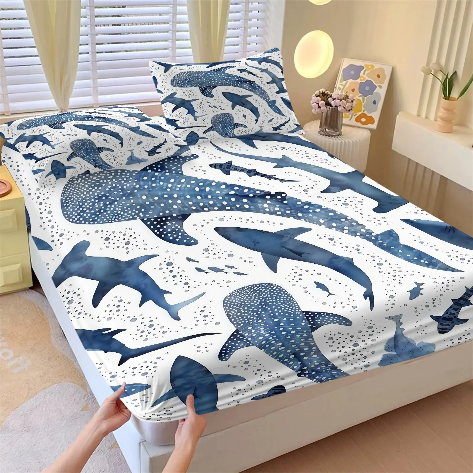 Watercolor Blue Whale Shark Marine Animal Fitted Sheet Set, 1 Fitted Sheet + 2 Pillowcases, Deep Pocket Non-Slip Mattress Protector, Soft Breathable All Season Decorative Bedding For Ocean Themed Bedroom Decor Comfy Bedding Sets