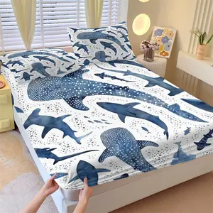 Watercolor Blue Whale Shark Marine Animal Fitted Sheet Set, 1 Fitted Sheet + 2 Pillowcases, Deep Pocket Non-Slip Mattress Protector, Soft Breathable All Season Bedding For Ocean Themed Bedroom Decor