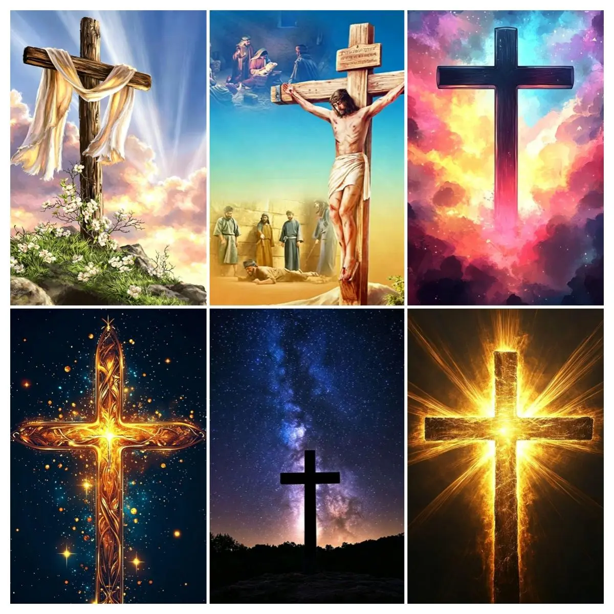 5D Full Square  Round Rhinestone Diamond Painting Kit Christian Jesus Cross Religious Faith Canvas Diamond Craft Set, Crucifix Scene Galaxy Golden Light Floral Cloth Sunset Sky Wall Decor Gift for Church & Believers