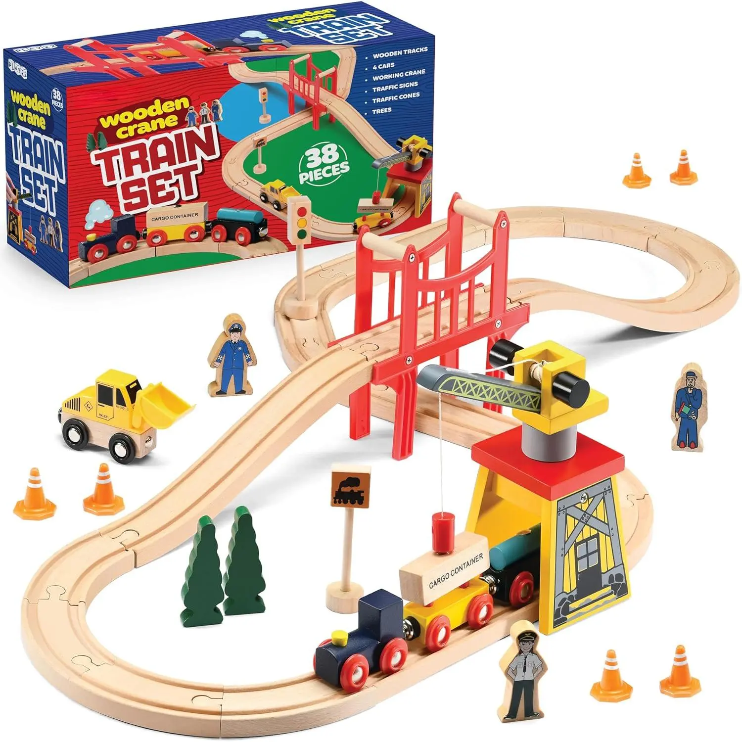 38-Piece Wooden Train Set for 3-4 Years Toddlers Boys - Thomas Compatible Track Set with Crane, Bridge, Track Pieces, Accessories for Learning, Imaginative Play & Family Bonding