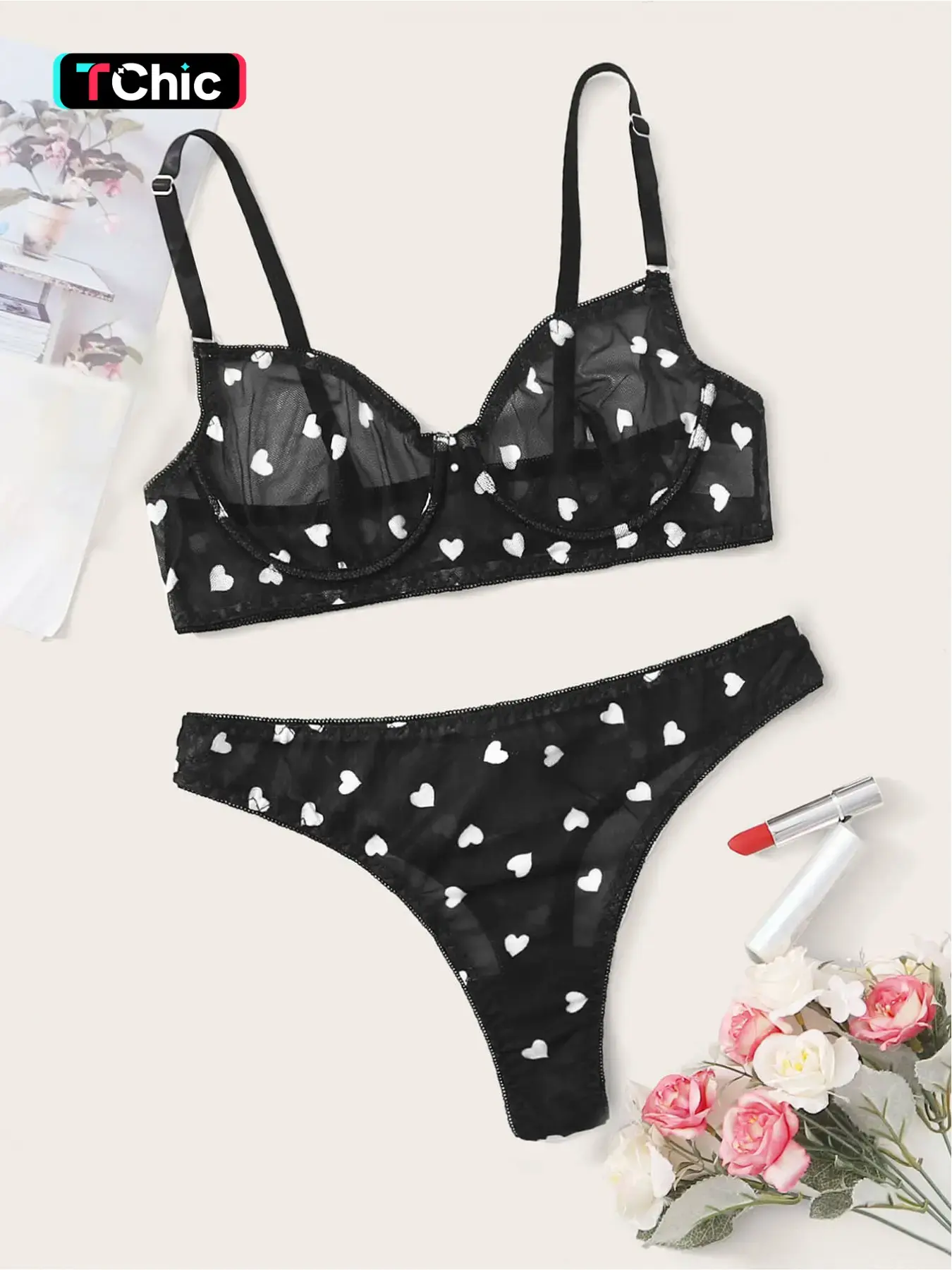 Women's Sexy Lingerie Set, Sheer See-through Mesh Spliced Full Printed 2-Piece Outfit, Underwire Design with Thong, Suitable for Private Parties baddie boyfriend gifts bras chonies clothes haul lenceria sexi mujer 2 piece sets knickers