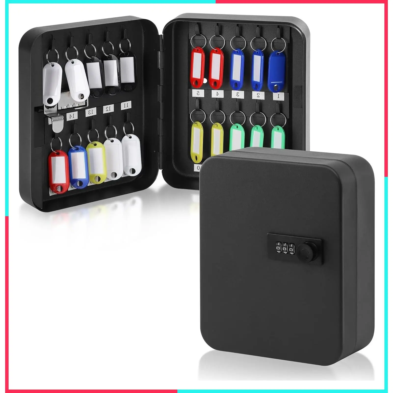 20 Key Storage Lock Box with Combination Code, Wall Mount Key Cabinet Organizer with Hooks & Labels for Home, Office & Rental Properties, 7.87 x 6.3 x 3.14 in, Black