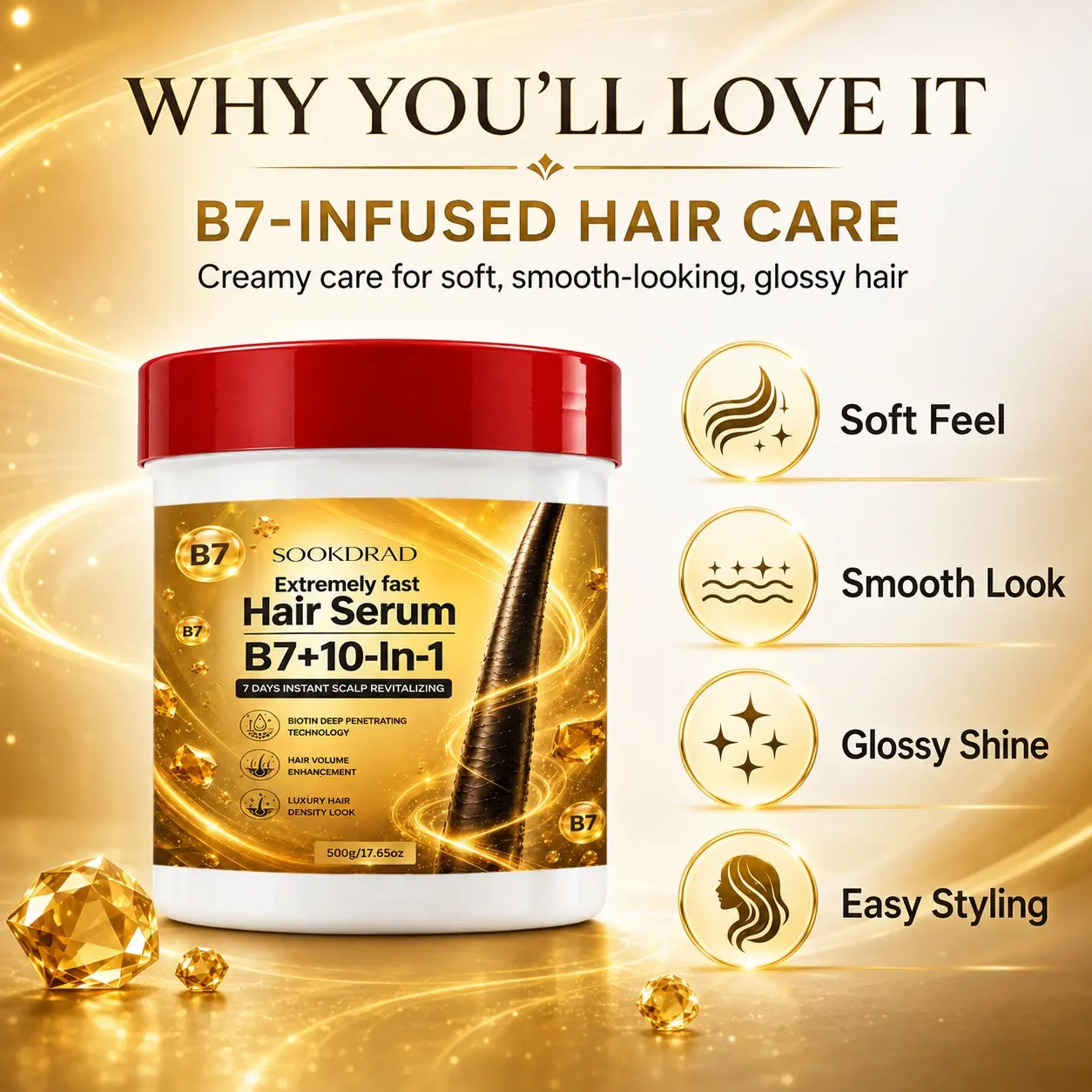 Hair Serum, B7, 10-In-1, biotin deep penetrating technology, scalp revitalizing, hair volume enhancement, luxurious hair density, 17.65oz, 500g