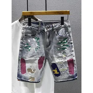 Men'S Ripped Denim Shorts Summer Streetwear Snow Wash Distressed Jean Shorts Graffiti Paint Splatter Hip Hop Board Shorts Slim Fit Straight Leg Half Pants Casual Fashion Bottoms for Skateboard Music Festival Vacation Beach Party Light Blue