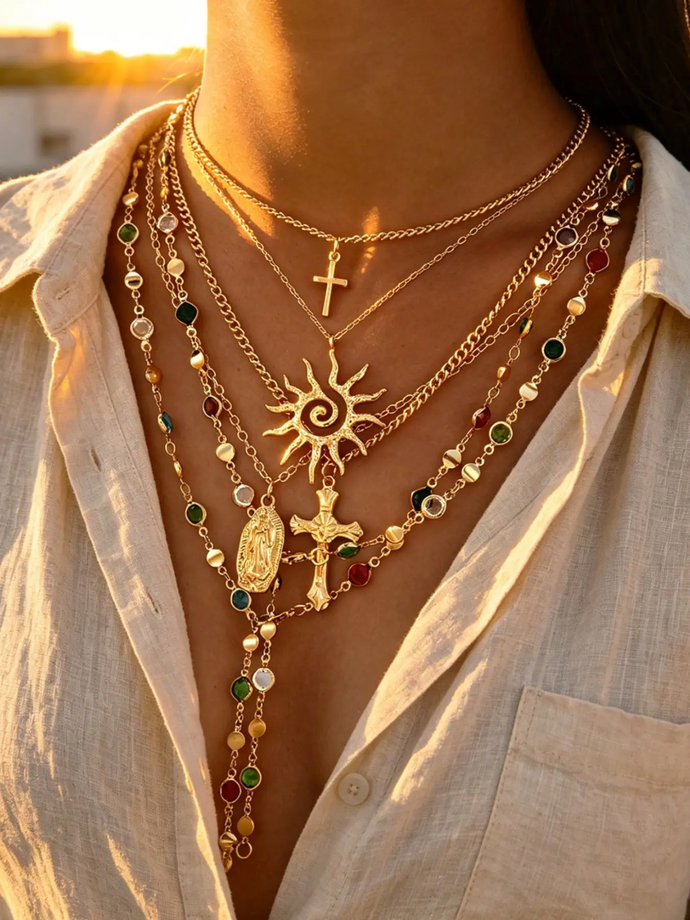 6pcs Multi-Layer Stackable Fashion Minimalist Elegant Exquisite Vintage Design Geometric Sun Embossed Texture Cross Colorful Rhinestone Bling Bling Shiny Minimalist Plain Chain Metal Style Multi-Layer Pendant Necklace Set For Holiday Vacation Party Date G