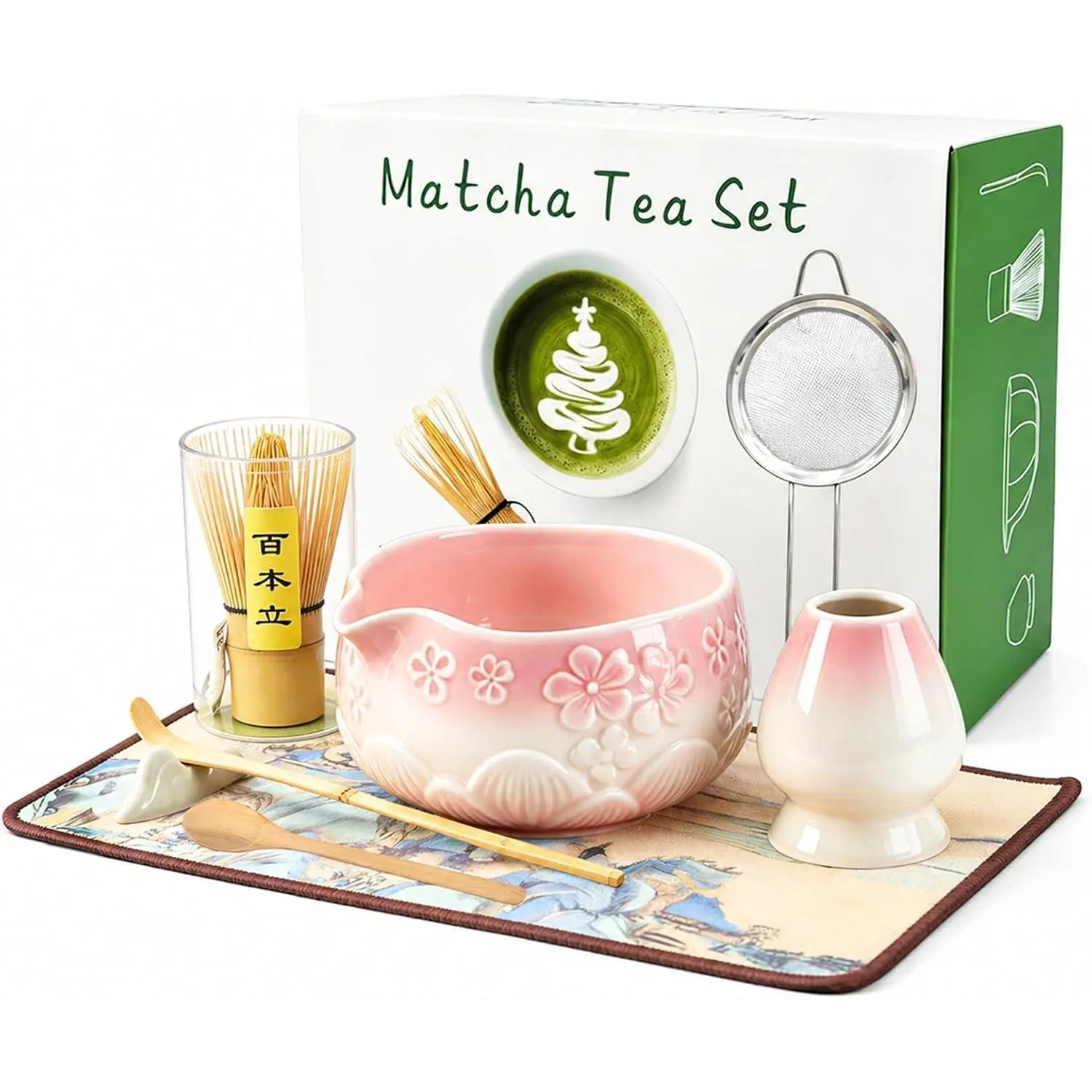 8- Matcha Whisk Set Matcha Set Kit Includes  Whisk, Wooden Spoon, Measuring Scoop, Sifter, Bowl, Whisk Holder, Spoon Rest &  Cloth–Traditional Matcha Set for Matcha Lovers