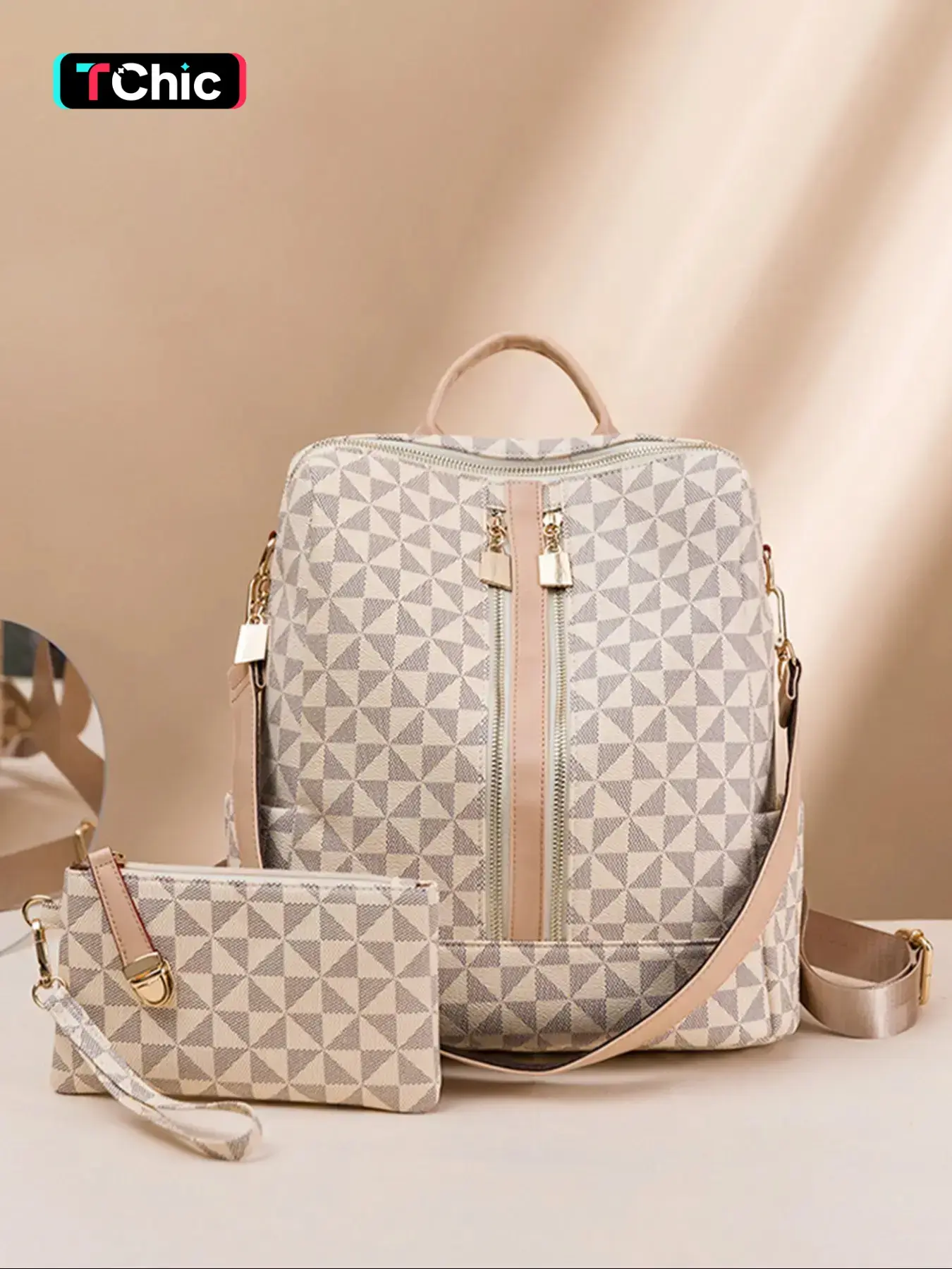Fashionable Geometric Pattern Backpack & Wristlets Bag, Casual Large Capacity Backpack, Trendy Versatile Travel Backpack for Women