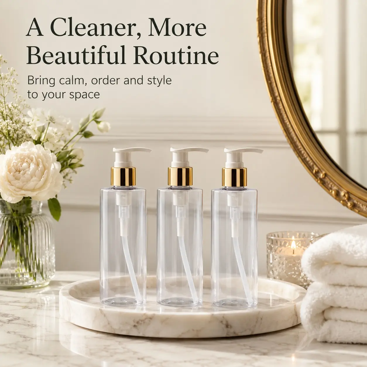 3 Pack 300ML Refillable Pump Bottles, Clear Flat Shoulder Soap and Lotion Dispenser Set, Collar, for Bathroom, Kitchen & Vanity