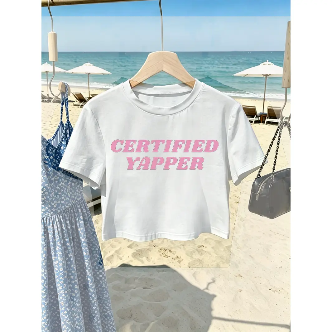 Certified Yapper Pink Letter Print White Crop Top Women Casual Short Sleeve T Shirt Summer Beach Daily Wear Y2K Aesthetic Soft Comfy Graphic Tee For Teen Girls