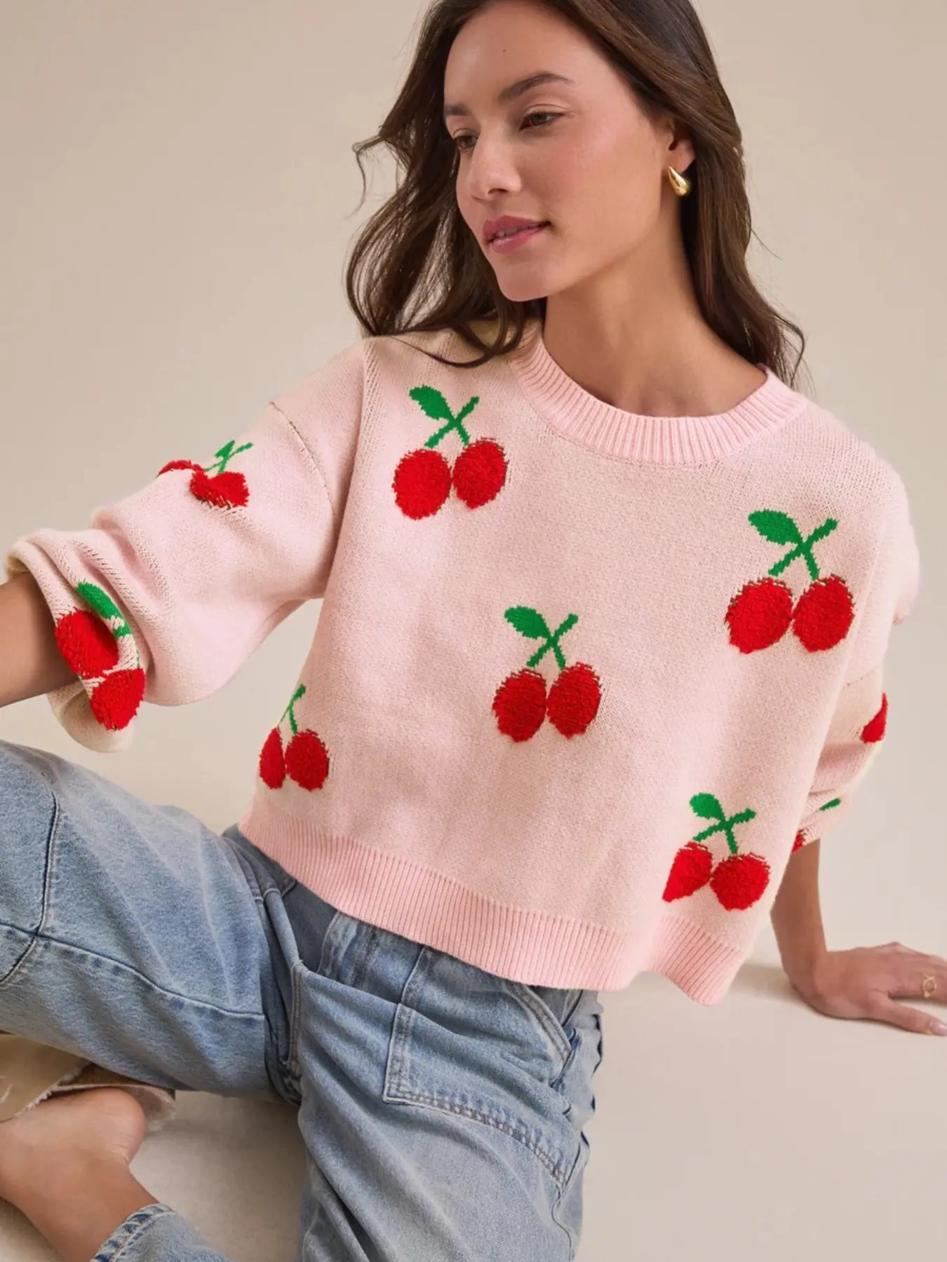 Women's Cherry Pattern Color Block Sweater, Autumn Winter Round Neck Long Sleeve Pullover Knitwear, Casual Fashion Top, Knitting