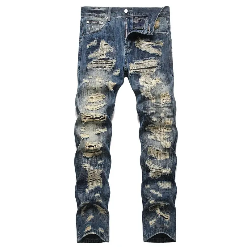 2026 new Men Ripped Denim Jeans Holes Distressed Patchwork Beggar Pants Embroidery Loose Straight Trousers