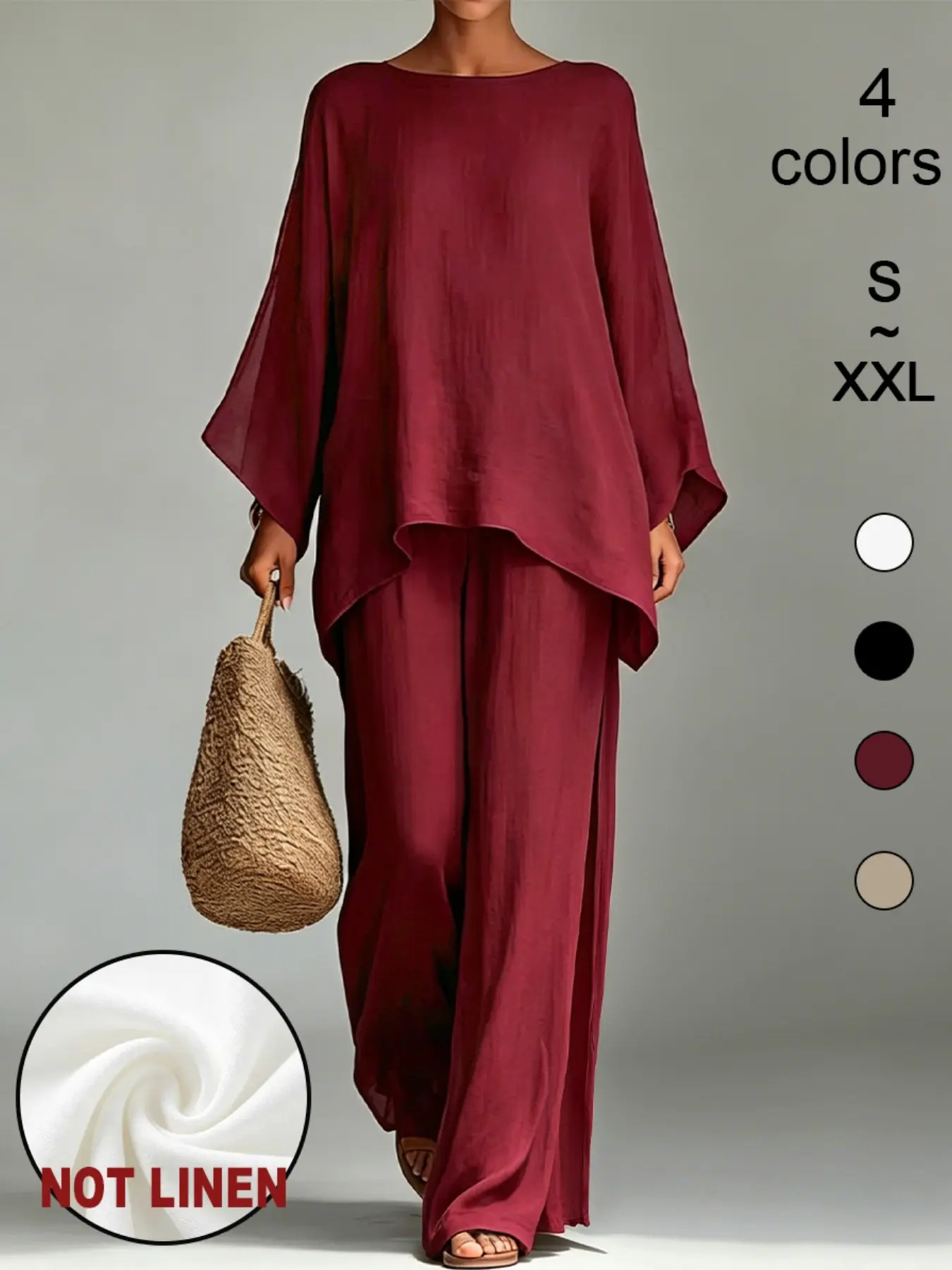 F3597 Ladies Relax-Fit Casual Matching Outfit Set, Oversized Batwing Top Featuring Asymmetric Slanted Hemline, Flowy Draping Wide Leg Trousers Ideal for Everyday Wear and Office Commuting.