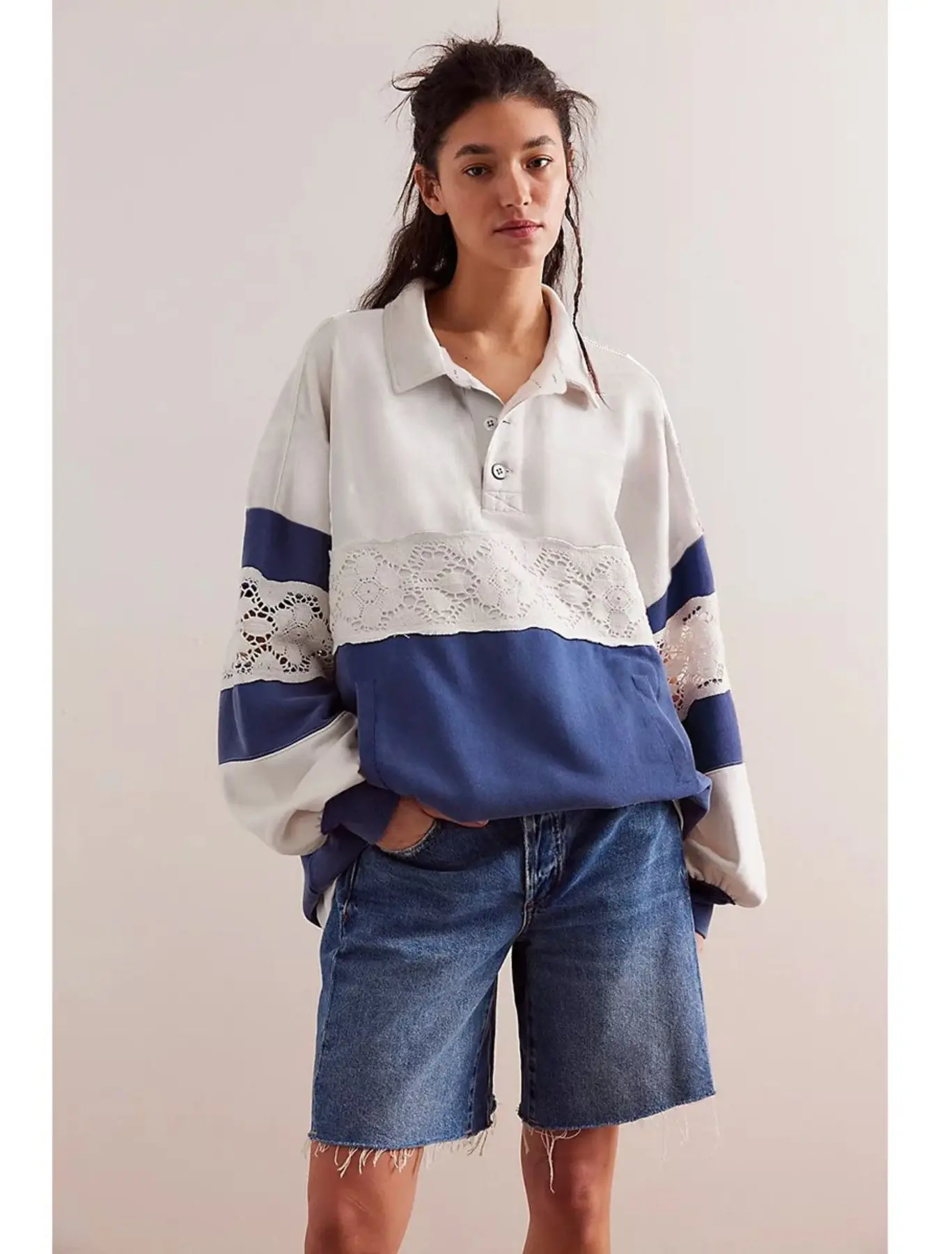 American Vintage Colorblock Polo Neck Sweatshirt for Women, Patchwork Lace Cutout Loose Medium-Length Lazy Style Pullover Top