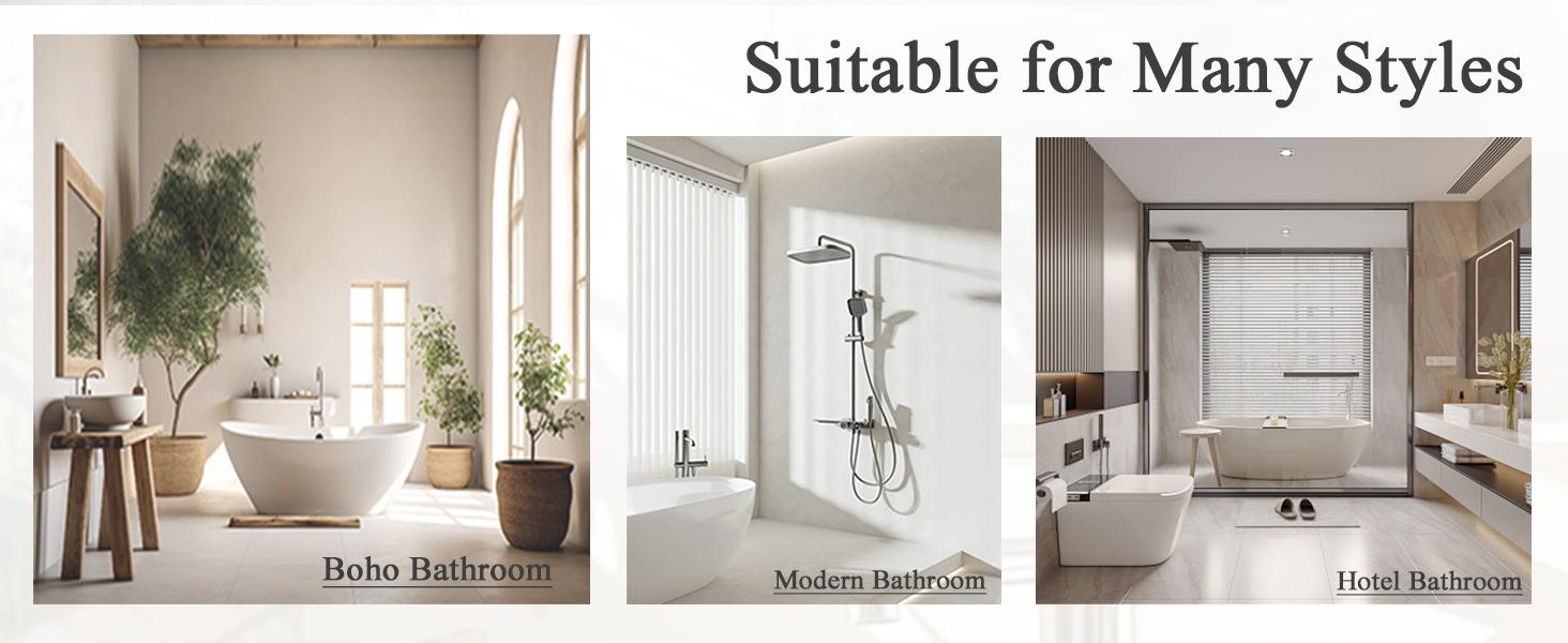 No Hook Shower Curtain and Liner Set, Blue and Grey Boho Floral Shower Curtains for Bathroom, Watercolor Flower Waterproof Bathroom Curtain Sets with Snap in Liner,