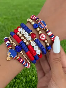 8-Piece Rugby Bracelet Set, Multi-Layer Crystal Heart Star Letter Soft Clay Friendship Elastic Band, Stylish Jewelry Gift, Best Friend Bracelet