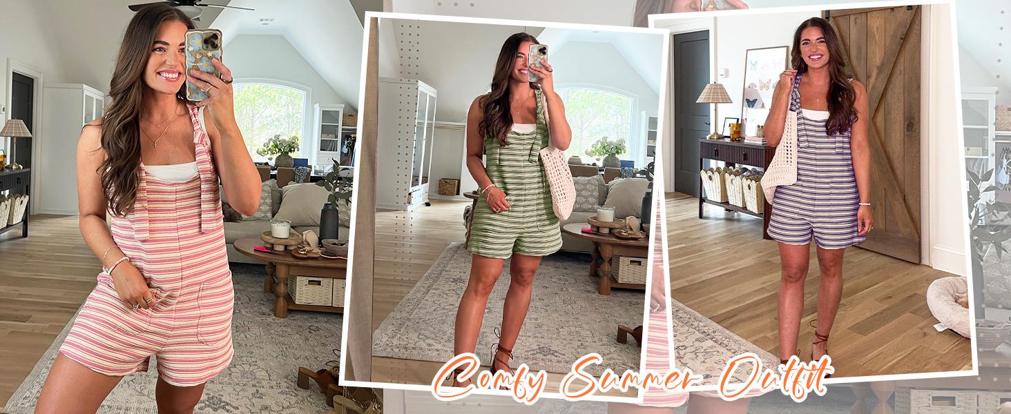 Yousify Women's Striped Sleeveless Romper Loose Fit Tied Shorts Jumpsuit with Pockets for Summer & Fall Casual Wear Scoop Neck Adjustable Drawstring Wide Legs