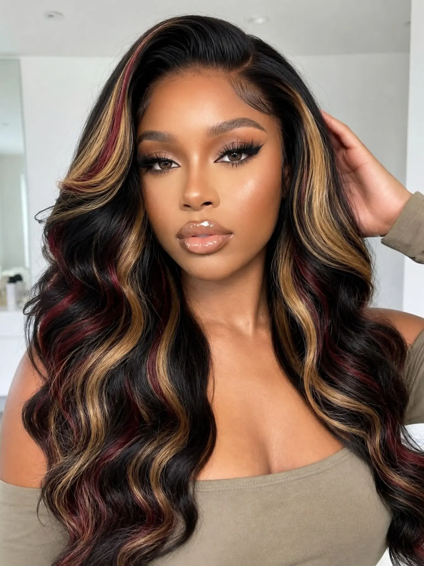 26 Inch Black Red Brown Highlight Body Wave Lace Front Wigs Heat Resistant Synthetic Fiber Soft & Lightweight Natural Parting