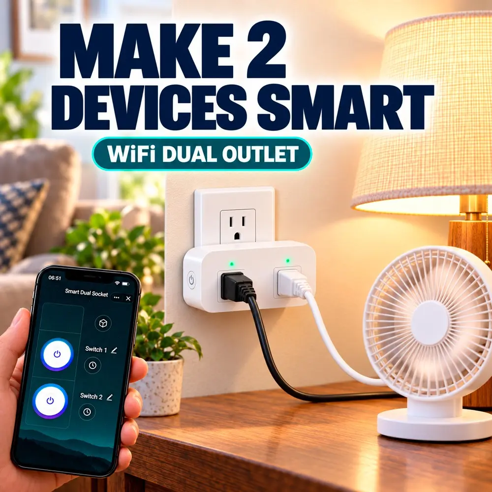 15A WiFi Smart Dual Outlet, Smart Wall Plug with Energy Monitoring, Remote APP Control, Timer & Voice Control Compatible with Alexa Google Home, Multi Outlet Wall Plug