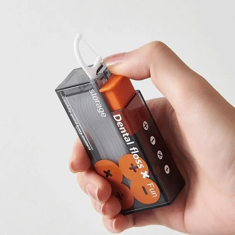 Portable dental floss holder, containing 10 strands of floss, an automatic spring-loaded floss organizer, a disposable floss stick that can be pressed for use, suitable for oral care