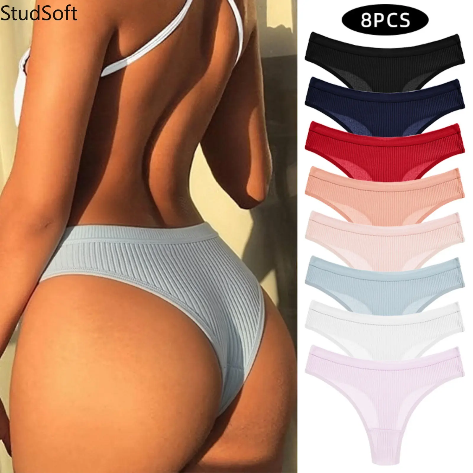 8Pcs Ribbed Thongs for Women Sexy Wide Knit G-String Multipack Invisible High Cut T-Back Panties Stretchy Low Rise Underwear Set for Yoga Gym Daily