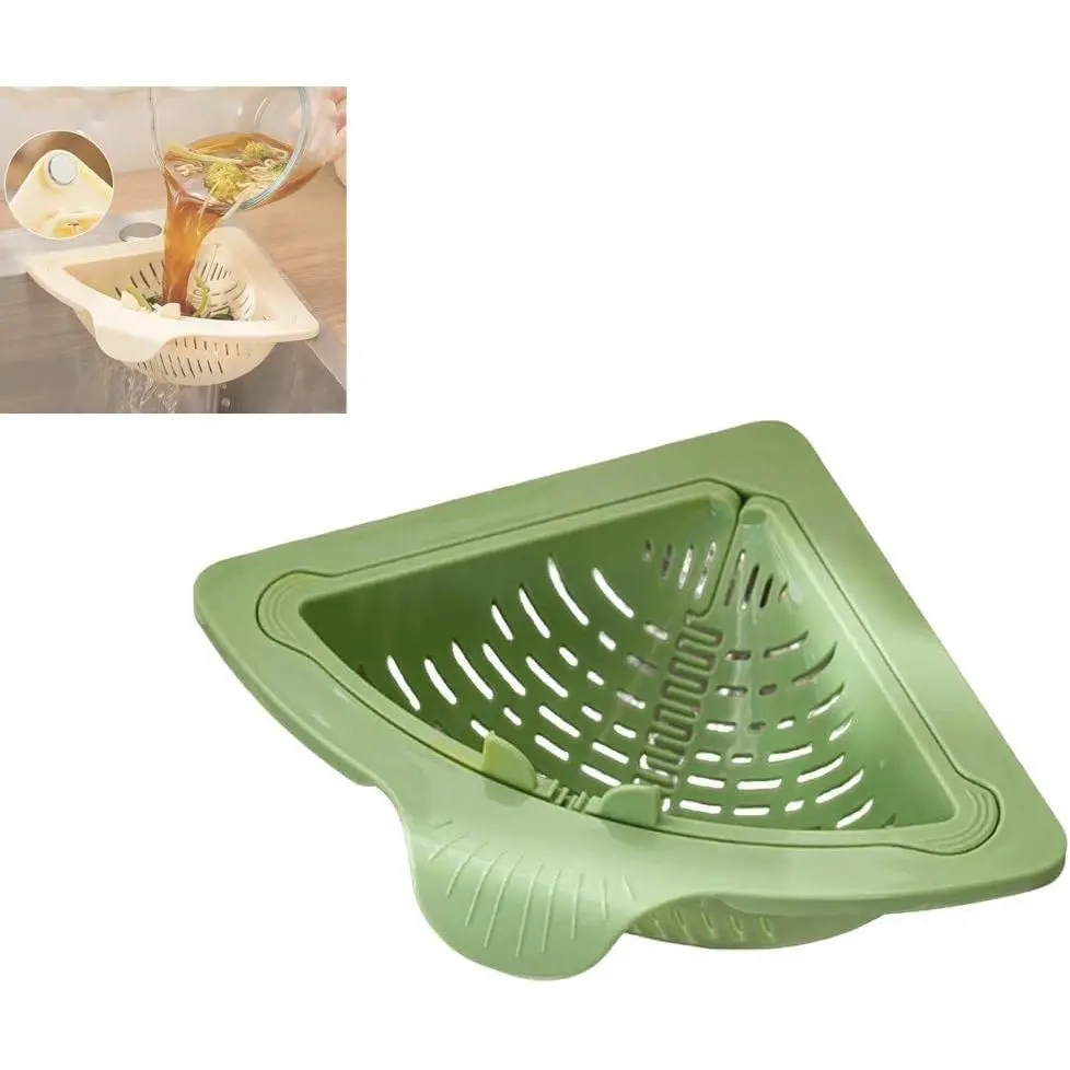 Green Triangular Sink Strainer with Strong Magnet Fix, Punch-Free Installation, Twist-Open Base, Magnetic Drainage & Filter Basket, Corner Kitchen Organizer for Washing Veggies