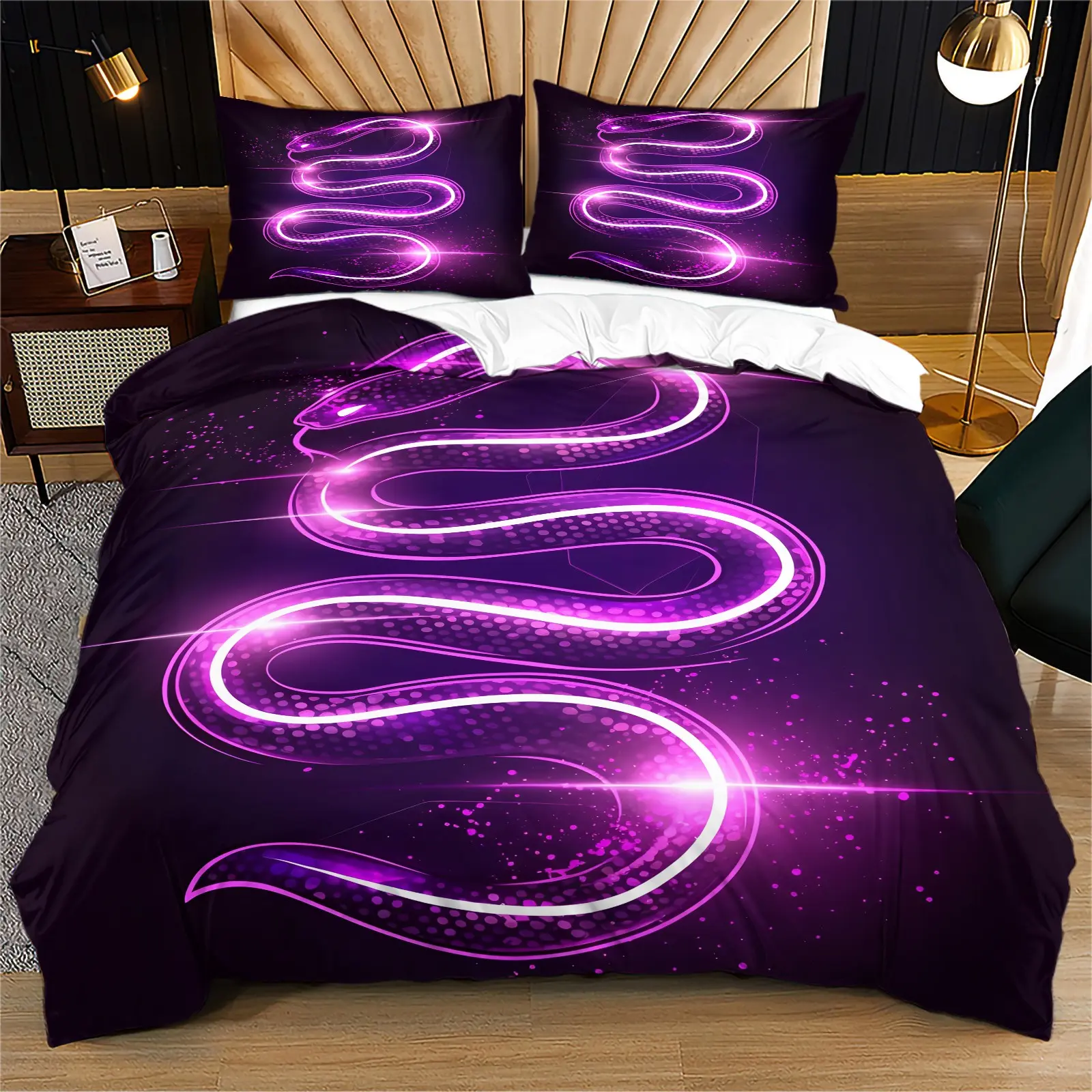 Neon Purple Glowing Snake Line Print Duvet Cover Set, Sparkle Particle Serpent Pattern Bedding Set, Soft Lightweight Breathable Machine Washable Bed Cover, Zipper Closure & Corner Fixing Ties, Includes 2 Pillowcases - without Core