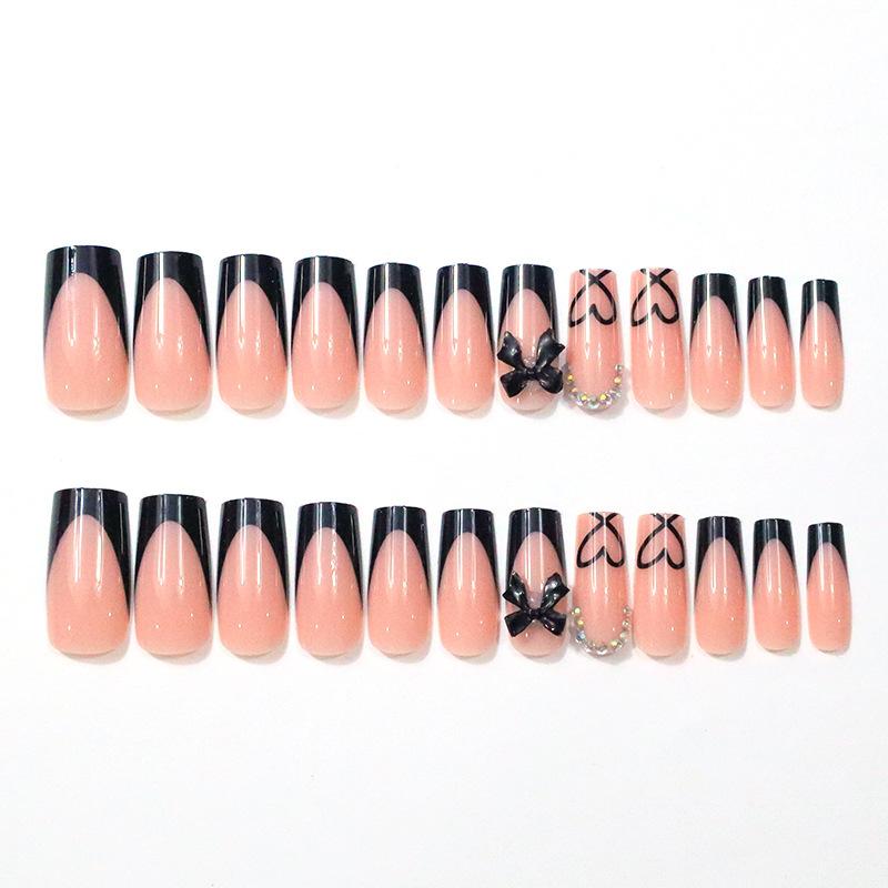 Cross-Border Hot-Selling Nail Art European and American High-End Fashion Hot Girl Black French Bowknot Shiny Diamond Long Wearable Nails Wholesale