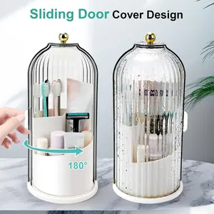 Multi-functional rotating storage box, toothbrush holder with sliding cover - a storage tool that can rotate 360 degrees, dust-proof bathroom vanity storage box, multi-compartment storage for toothbrushes, toothpaste, makeup brushes, etc., fashionable sto
