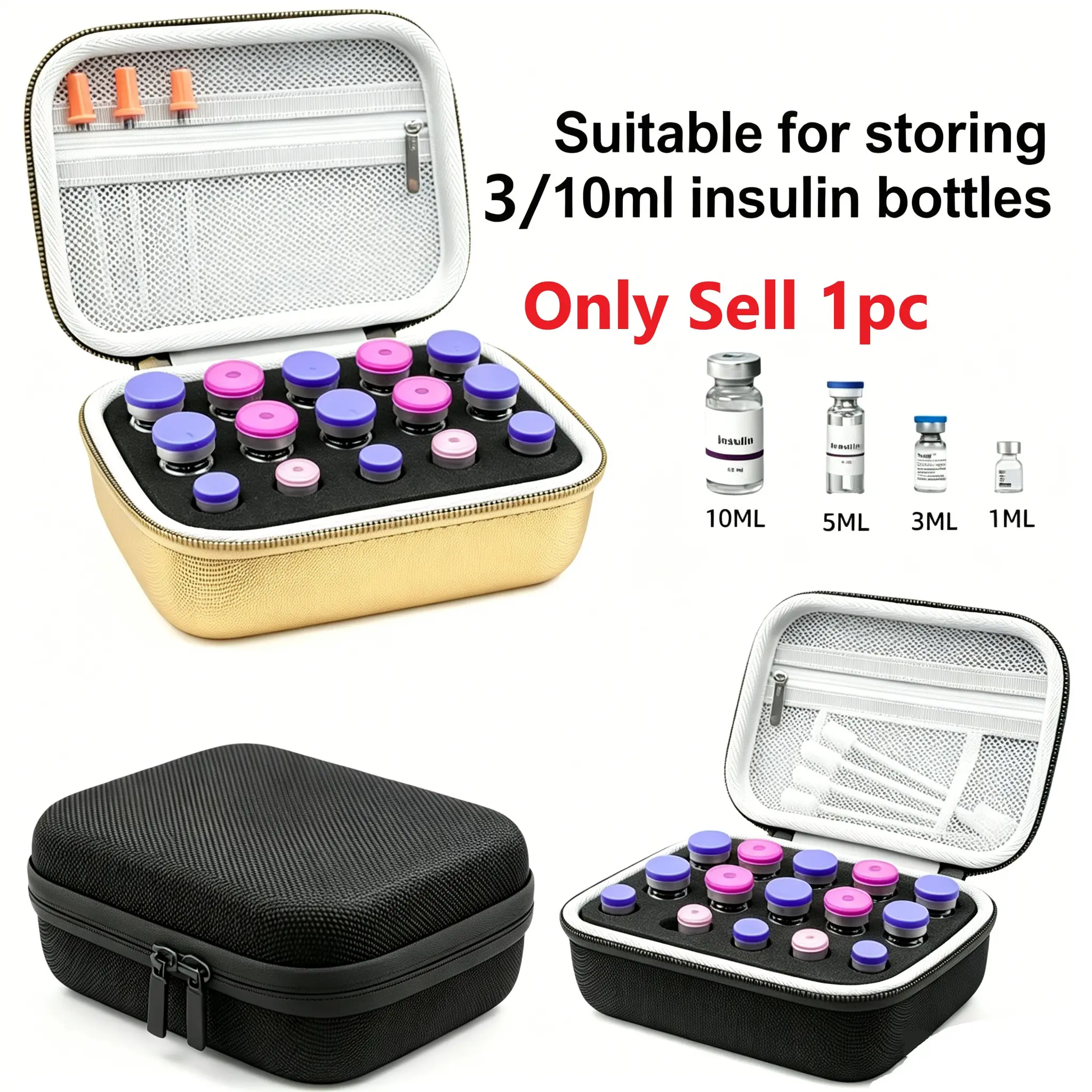 Handheld Peptide Box Insulin Bottle Holder, Medical Organizer, 15 Slots, Fits Standard 3/10ML Bottles, Color Options, Sponge Protection, Sold in case