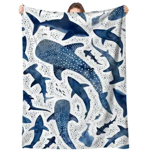 Blue Watercolor Various Shark All Over Print Fleece Throw Blanket, Ocean Style Decor Blanket for Kids Room, Sofa, Car & Home Gift 0603Y15