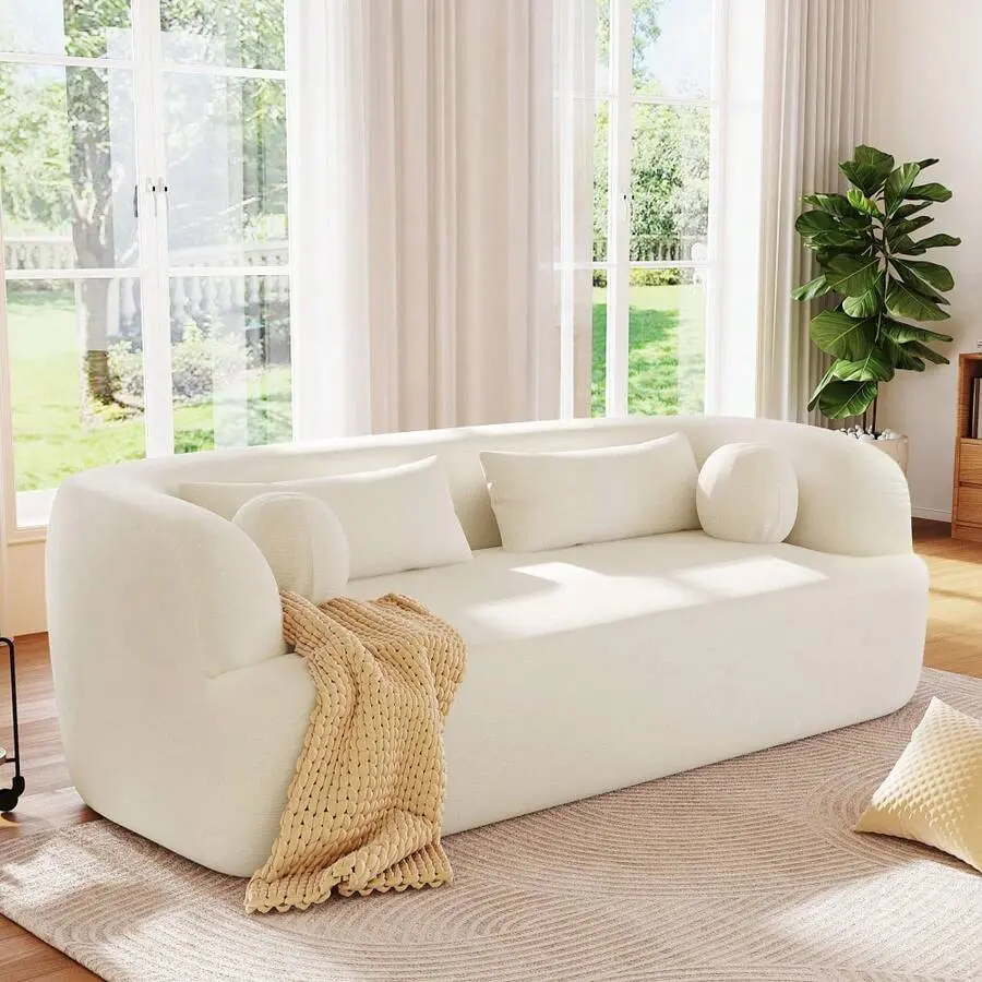 86x38x27.5" Chenille Boneless Cloud Couch, 2-3 Seater Upholstered Sofa with Rounded Arms, High-Density Foam, Pillows, No Assembly Modern Curve Cloud Softness Piece for Living Room, Beige, 2-3 Seats