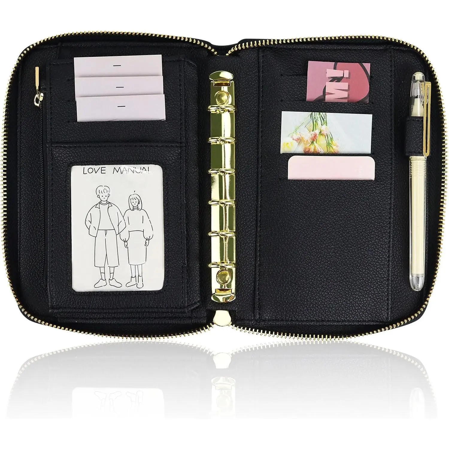 A7 Leather Budget Binder  Envelopes System Wallet Budget Planner PU Leather Cover Notebook with Zipper 6 Rings Refillable  Wallet Organizer for  Budgeting and Saving (Only Binder-Black)