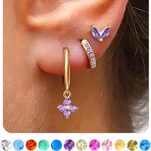 3 Pairs Dainty Gold/Silver Birthstone Earrings Set – 14k Gold Plated Non‑Tarnish Hypoallergenic Cartilage Small Hoop & Stud Earrings for Multiple Piercing, Stackable Jewelry Gifts for Women