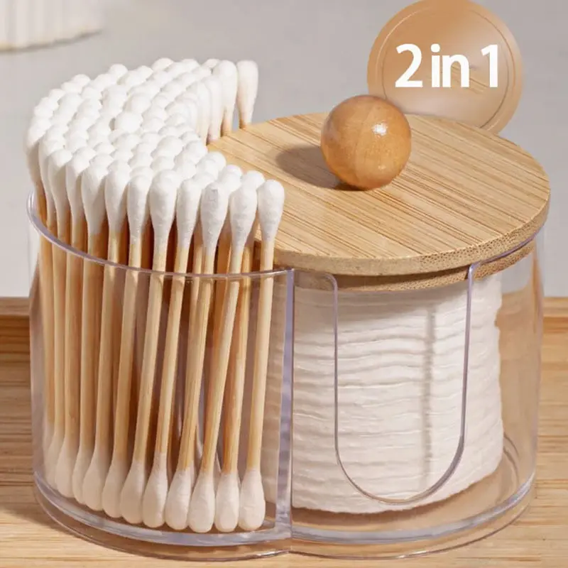 2-In-1 Transparent Plastic Storage Box with Bamboo Lid, Clear Makeup Organizer, Dual Circular Cutouts, Two Compartments, Beauty Organizer Box