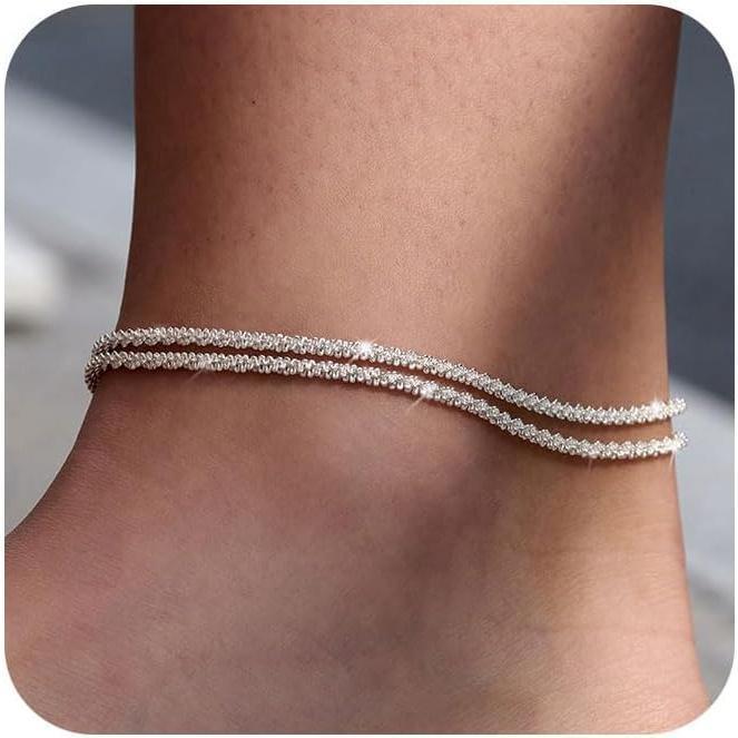 JunDa   Exquisite and trendy, sparkling multi-layer waterproof anklets for ladies, high-end and cold style, glittering starry sky anklets, adjustable set, summer beach daily wear decoration
