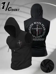 Men Drawstring Hooded Sleeveless Workout Tank Top Vintage Distressed Thorn Nail Cross USA Flag Faith Beats Fear Front Back Graphic Breathable Patriotic Christian Faith Streetwear Athletic Singlet