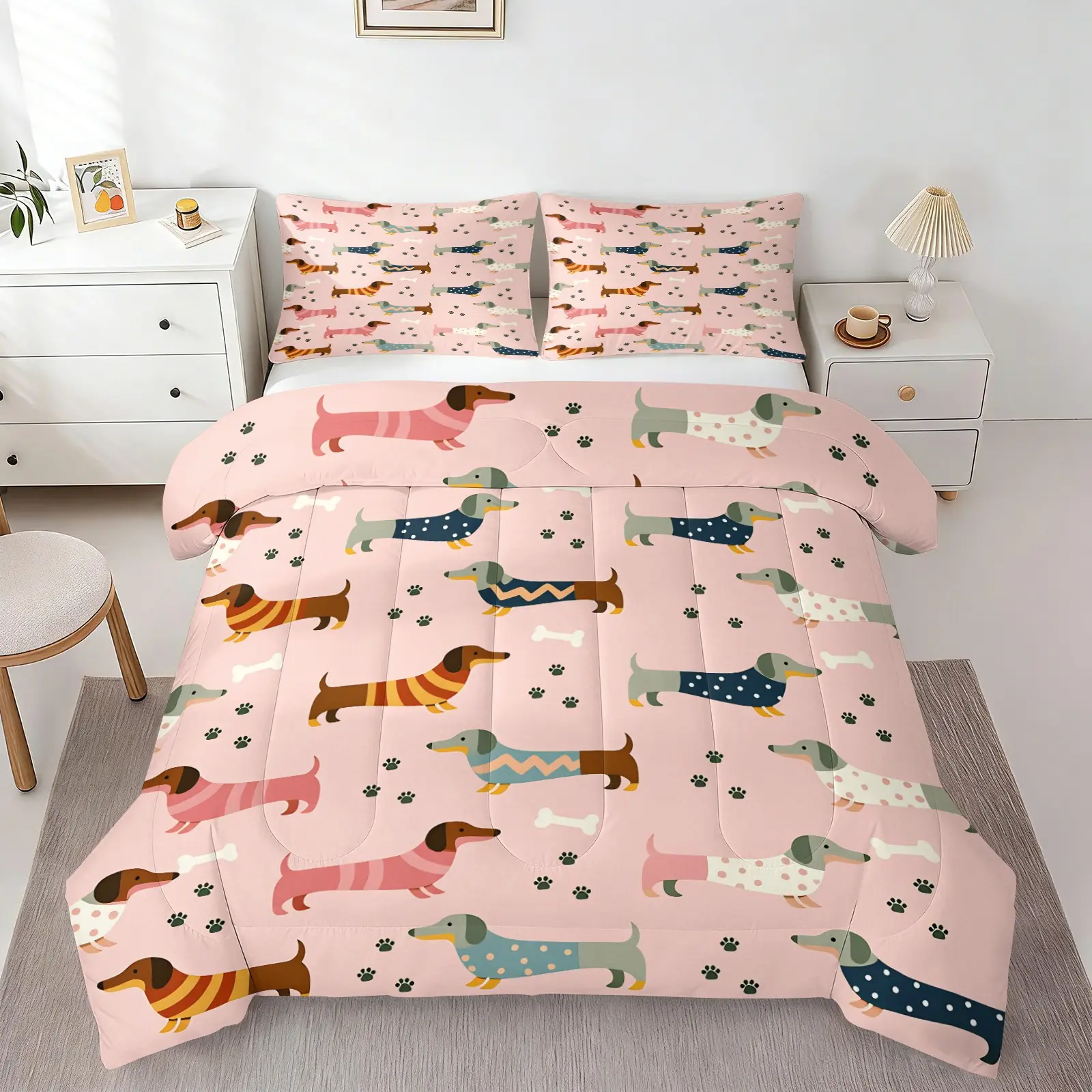 Cute Cartoon Dachshund Print Comforter Set, Includes 1 Comforter and 1-2 Pillowcases, Puppy Paw & Bone Pattern Print, Gift for Kids, Teens and Adults, Lovely Gift for Dog Lovers, Essential for Pet Themed Bedroom Decor