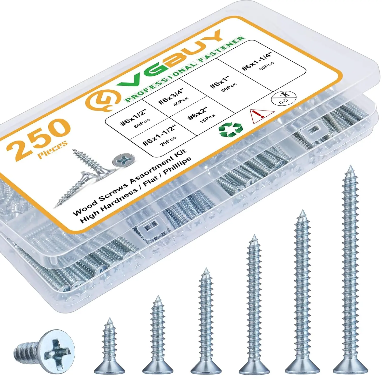 250 count  Screws  Kit,  Screws, Screws, Screw Set,  Screws, Flat  Phillips Drive, Screws  Kit, 6 Sizes (2”,1-1/2”,1-1/4”,1”,3/4”,1/2”)