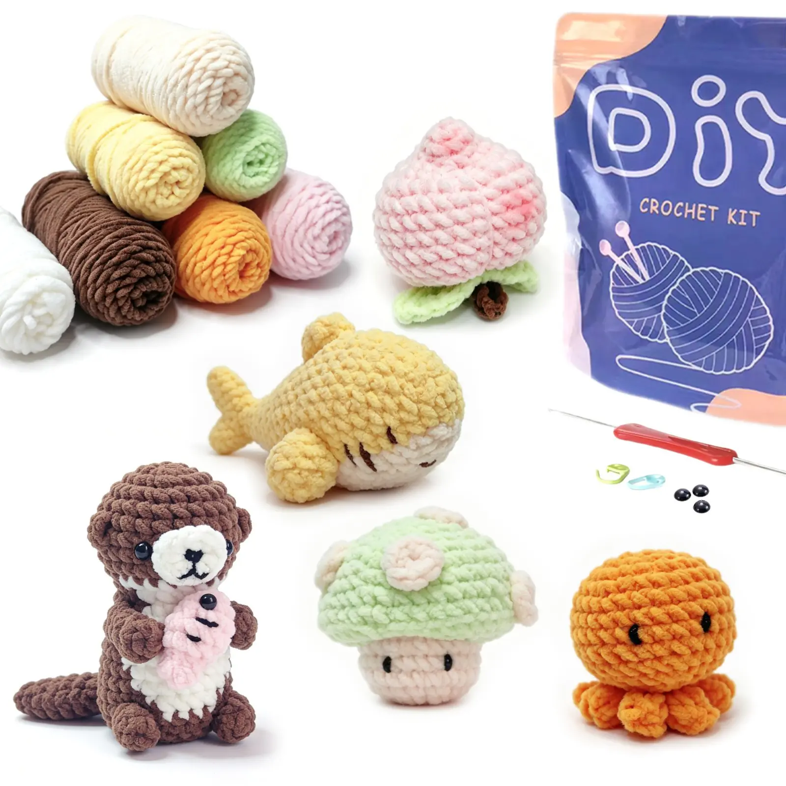 5-Piece DIY Crochet Supplies Kit for Beginners, Includes Yarn, Hooks, Stitch Markers, Tutorial Video, Random Colors, Perfect for Crafting
