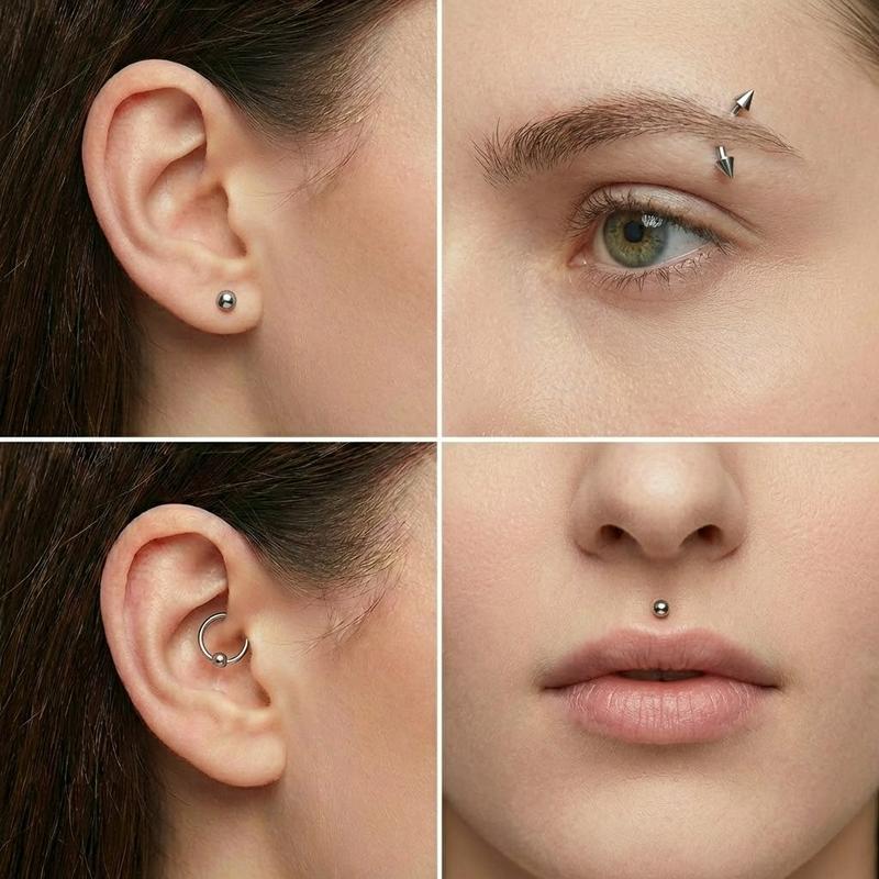 65Pcs Stainless Steel Body Piercing Jewelry Set - Mixed Belly Button, Tongue, Nipple, Eyebrow, Nose Rings, Lip Labret Studs, Industrial Barbells, Helix Tragus Cartilage Earrings - Silver Hypoallergenic Piercing Kit for Men & Women